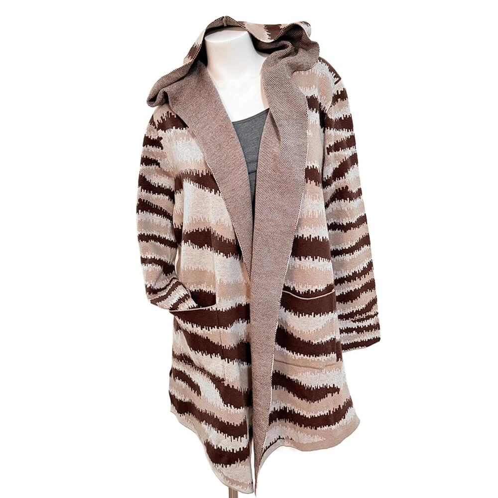 MaxSport LA Brown Zebra Hooded Long open front sweater coat waterfall Xlarge